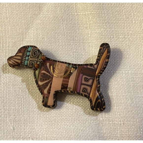 Folk Art Handmade Wooden Looking Dog Broach Pin Arts & Crafts Style Fancy Collar - Picture 1 of 11